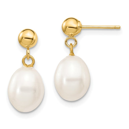 10K Yellow Gold 7-8mm White Rice Freshwater Cultured Pearl Dangle Post Earrings