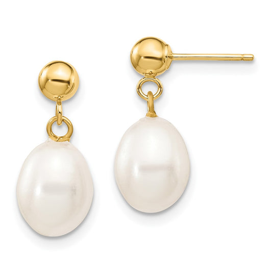10K Yellow Gold 7-8mm White Rice Freshwater Cultured Pearl Dangle Post Earrings