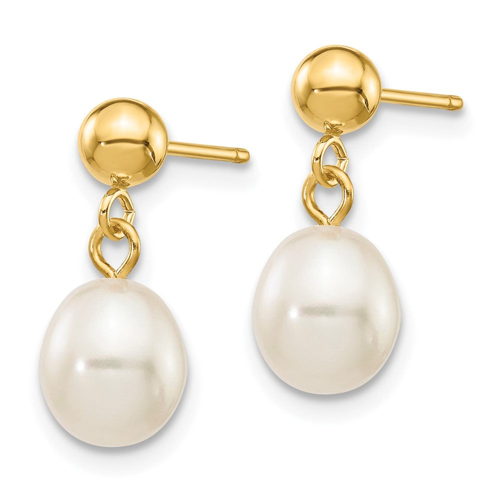 10K Yellow Gold 6-7mm White Rice Freshwater Cultured Pearl Dangle Post Earrings