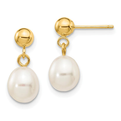 10K Yellow Gold 6-7mm White Rice Freshwater Cultured Pearl Dangle Post Earrings