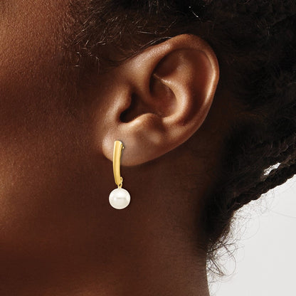 10K Yellow Gold 10K 6-7mm White Round Freshwater Cultured Pearl Post Dangle Earrings