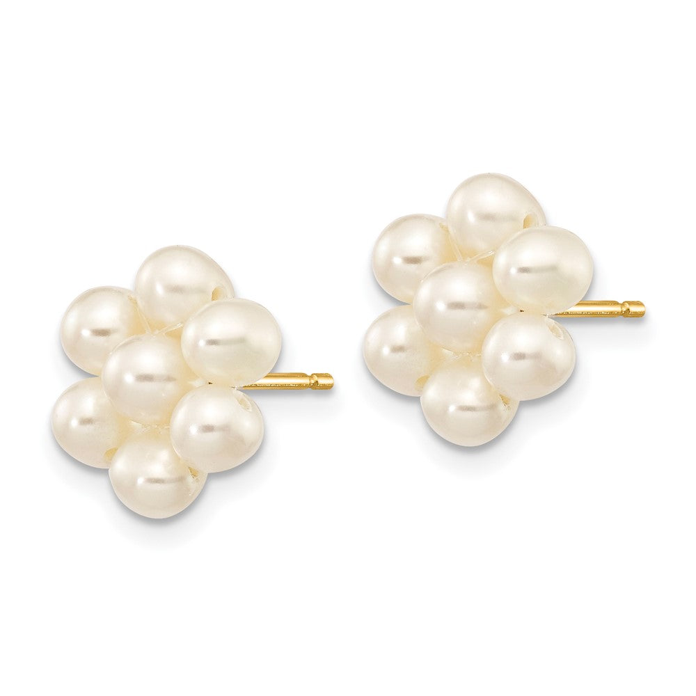 10K Yellow Gold 3-4mm White Egg Freshwater Cultured Pearl Flower Post Earrings