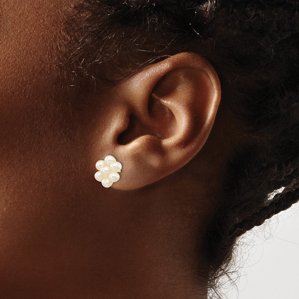 10K Yellow Gold 3-4mm White Egg Freshwater Cultured Pearl Flower Post Earrings