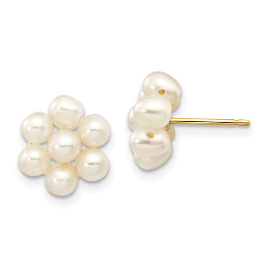 10K Yellow Gold 3-4mm White Egg Freshwater Cultured Pearl Flower Post Earrings