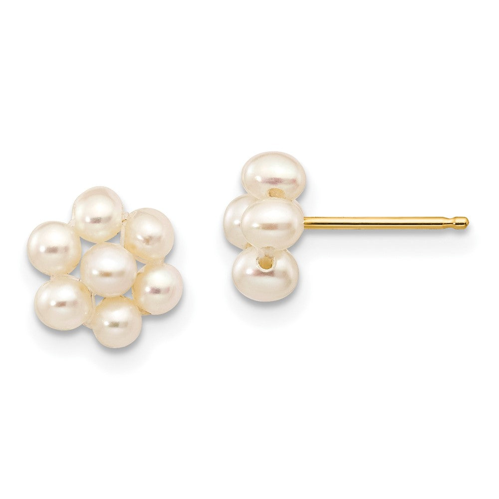 10K Yellow Gold 2-3mm White Egg Freshwater Cultured Pearl Flower Post Earrings