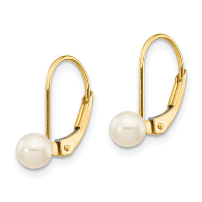 10K Yellow Gold 4-5mm White Round Freshwater Cultured Pearl Leverback Earrings