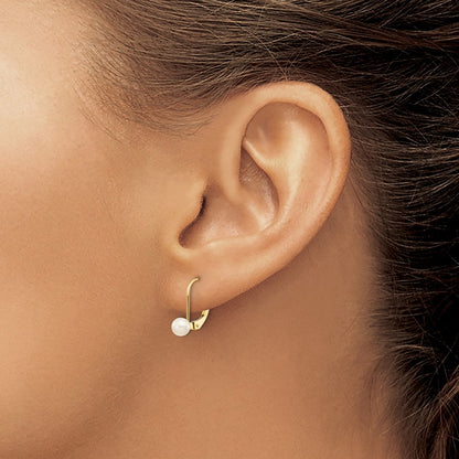 10K Yellow Gold 4-5mm White Round Freshwater Cultured Pearl Leverback Earrings