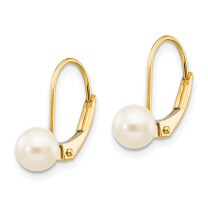 10K Yellow Gold 5-6mm White Round Freshwater Cultured Pearl Leverback Earrings