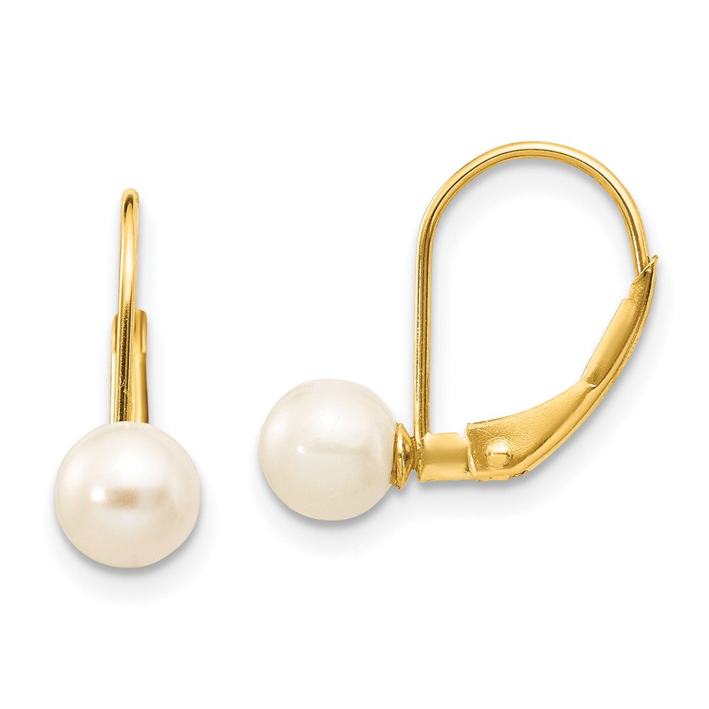 10K Yellow Gold 5-6mm White Round Freshwater Cultured Pearl Leverback Earrings