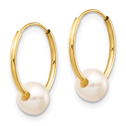 10K Yellow Gold 5-6mm White Semi-Round Freshwater Cultured Pearl Endless Hoop Earrings