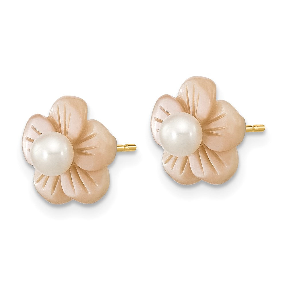 10K Yellow Gold 10K 3-4mm White Round Freshwater Cultured Pearl And Pink Mother Of Flower Post Earrings
