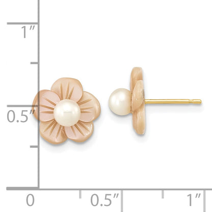 10K Yellow Gold 10K 3-4mm White Round Freshwater Cultured Pearl And Pink Mother Of Flower Post Earrings