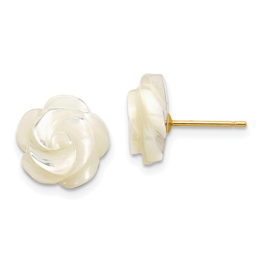 10K Yellow Gold 10mm White Mother Of Pearl Flower Design Post Stud Earrings