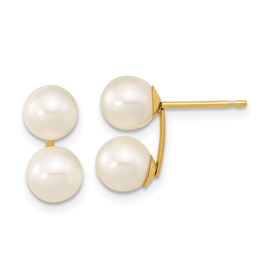 10K Yellow Gold 6-7mm White Round Freshwater Cultured Double Pearl Post Earrings