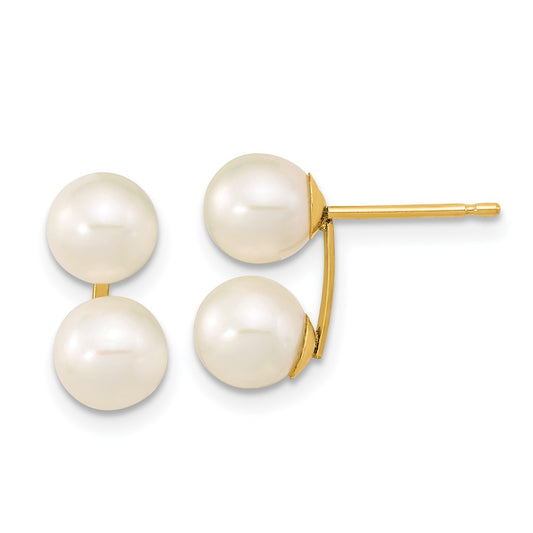 10K Yellow Gold 6-7mm White Round Freshwater Cultured Double Pearl Post Earrings