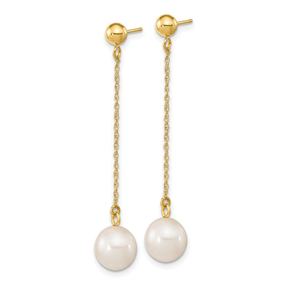 10K Yellow Gold 7-8mm White Round Freshwater Cultured Pearl Dangle Post Earrings