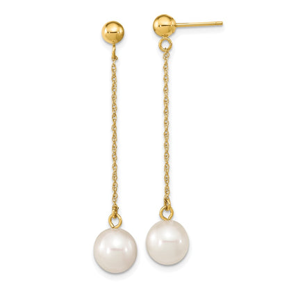 10K Yellow Gold 7-8mm White Round Freshwater Cultured Pearl Dangle Post Earrings