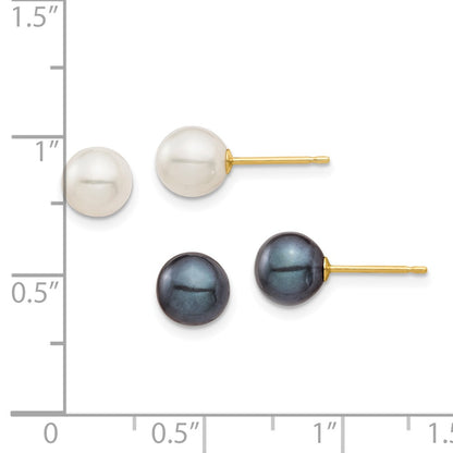 10K Yellow Gold 10K 6-7mm Black And White Round Freshwater Pearl 2 Pair Stud Post Earrings Set