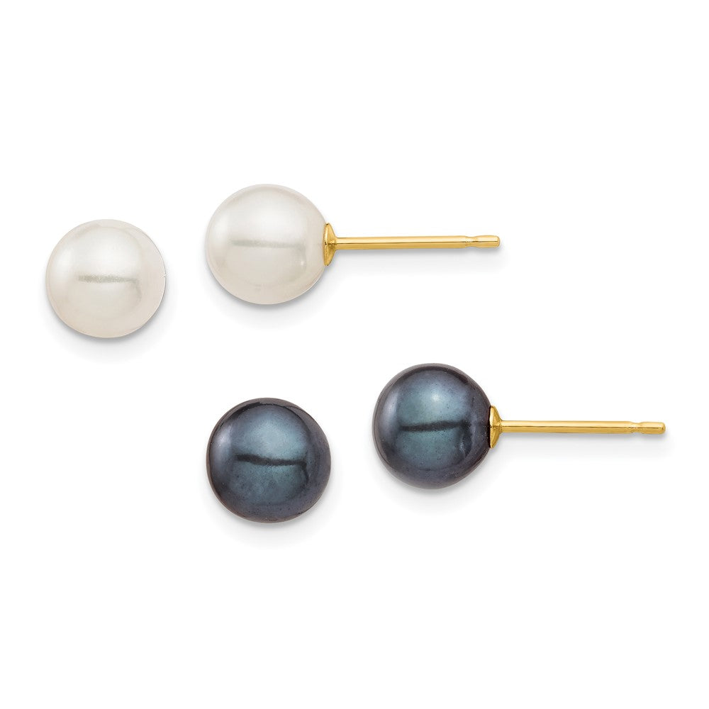 10K Yellow Gold 10K 6-7mm Black And White Round Freshwater Pearl 2 Pair Stud Post Earrings Set