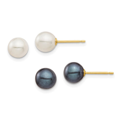 10K Yellow Gold 10K 6-7mm Black And White Round Freshwater Pearl 2 Pair Stud Post Earrings Set