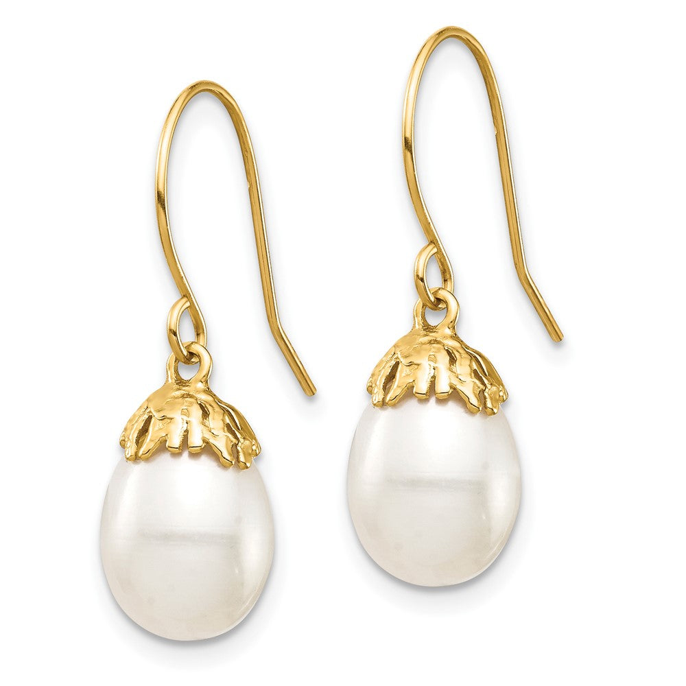 10K Yellow Gold 10K 7-8mm White Rice Freshwater Cultured Pearl Dangle Earrings