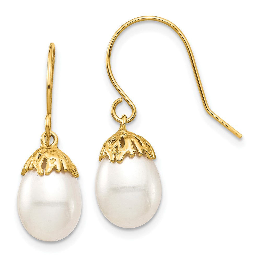 10K Yellow Gold 10K 7-8mm White Rice Freshwater Cultured Pearl Dangle Earrings