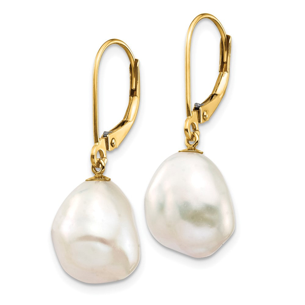 10K Yellow Gold 10K 10X12mm White Keshi Freshwater Cultured Pearl Leverback Earrings
