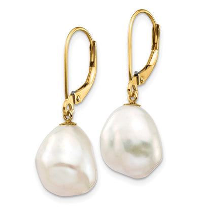 10K Yellow Gold 10K 10X12mm White Keshi Freshwater Cultured Pearl Leverback Earrings