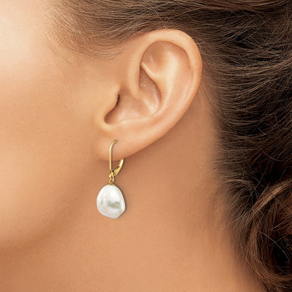10K Yellow Gold 10K 10X12mm White Keshi Freshwater Cultured Pearl Leverback Earrings