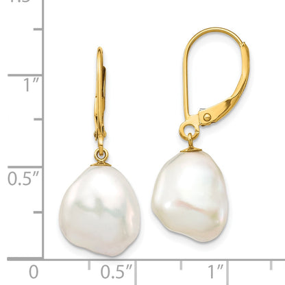 10K Yellow Gold 10K 10X12mm White Keshi Freshwater Cultured Pearl Leverback Earrings