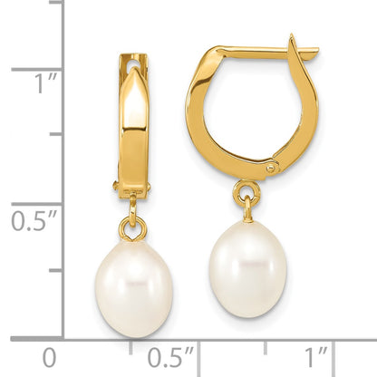 10K Yellow Gold 10K 6-7mm White Rice Freshwater Cultured Pearl Hoop Dangle Earrings