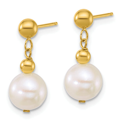 10K Yellow Gold Polished 7-8mm Semi-Round White Freshwater Cultured Pearl Dangle Post Earrings