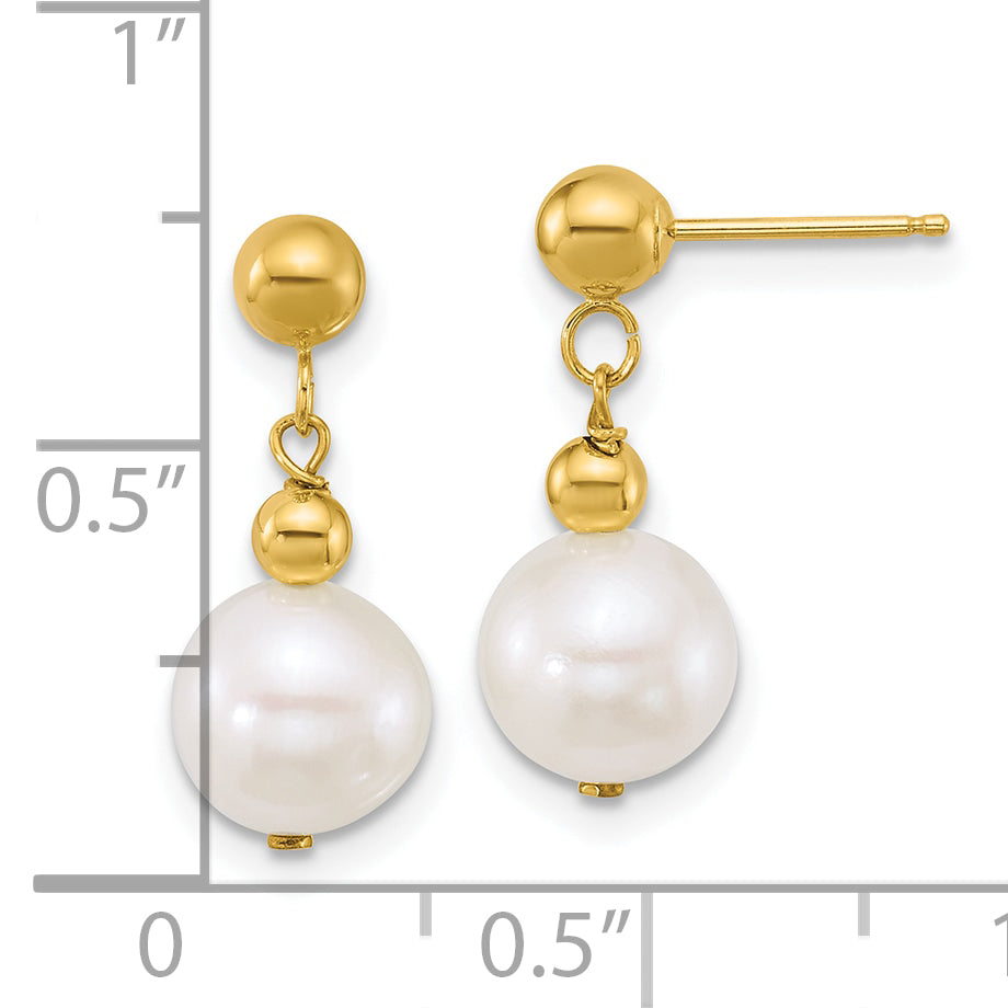 10K Yellow Gold Polished 7-8mm Semi-Round White Freshwater Cultured Pearl Dangle Post Earrings
