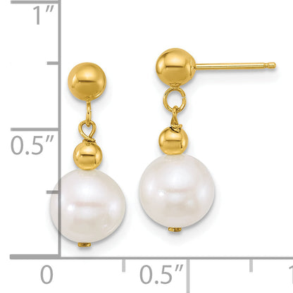 10K Yellow Gold Polished 7-8mm Semi-Round White Freshwater Cultured Pearl Dangle Post Earrings