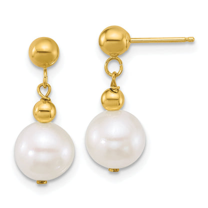 10K Yellow Gold Polished 7-8mm Semi-Round White Freshwater Cultured Pearl Dangle Post Earrings