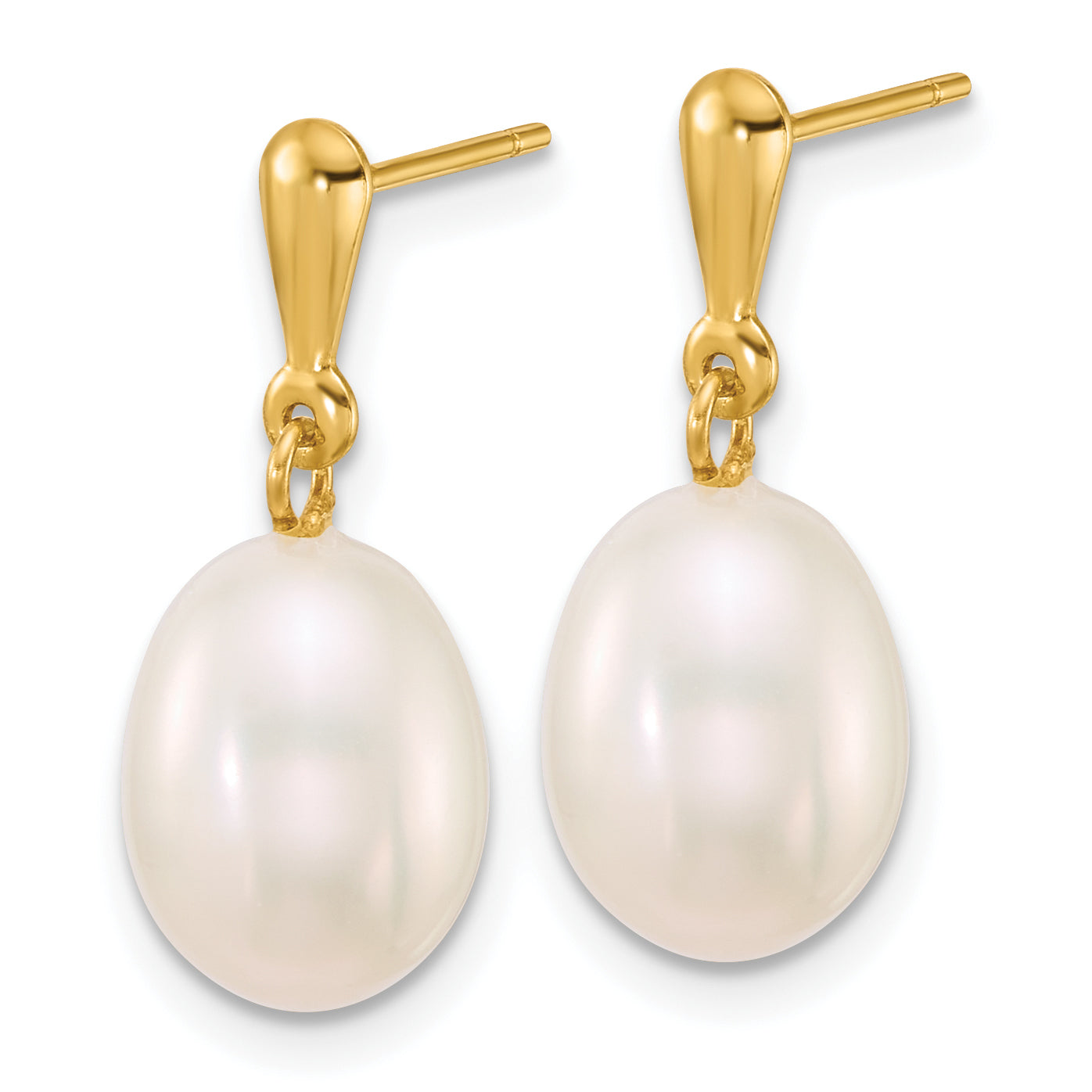 10K Yellow Gold Polished 8-9mm Rice White Freshwater Cultured Pearl Dangle Post Earrings