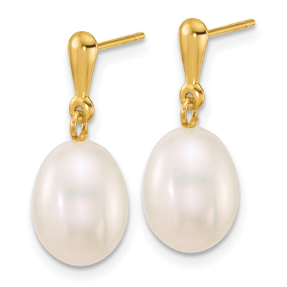 10K Yellow Gold Polished 8-9mm Rice White Freshwater Cultured Pearl Dangle Post Earrings
