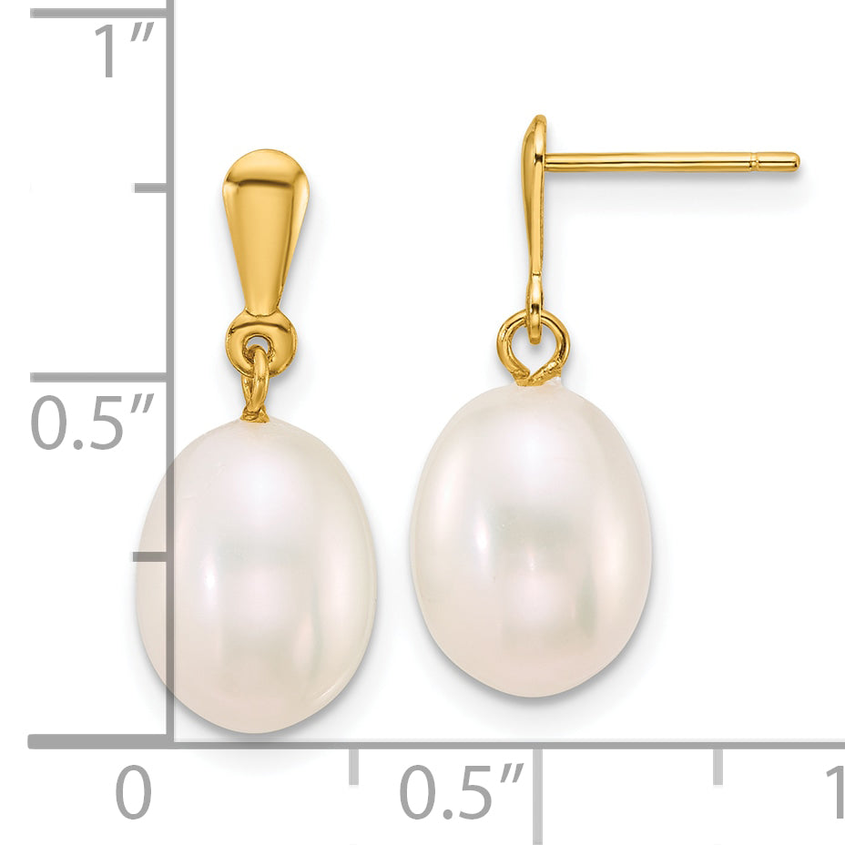 10K Yellow Gold Polished 8-9mm Rice White Freshwater Cultured Pearl Dangle Post Earrings