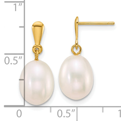 10K Yellow Gold Polished 8-9mm Rice White Freshwater Cultured Pearl Dangle Post Earrings