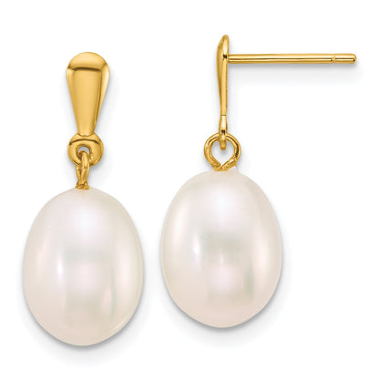 10K Yellow Gold Polished 8-9mm Rice White Freshwater Cultured Pearl Dangle Post Earrings