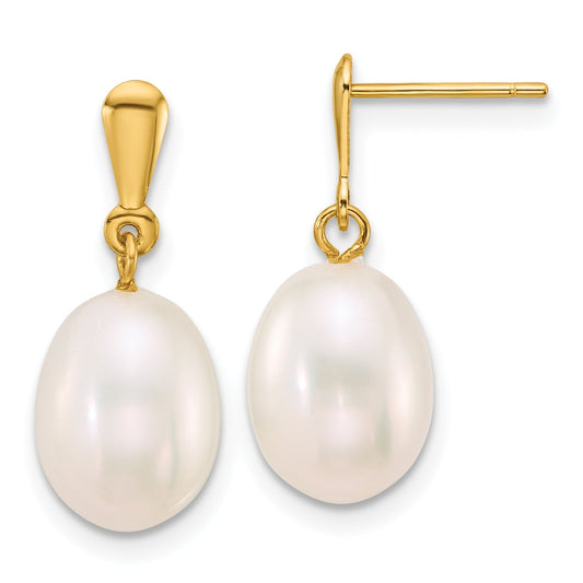 10K Yellow Gold Polished 8-9mm Rice White Freshwater Cultured Pearl Dangle Post Earrings