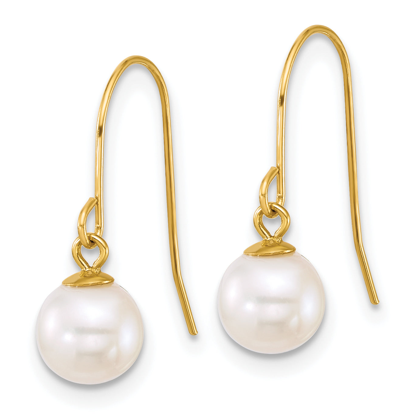 10K Yellow Gold Polished 6-7mm Round White Freshwater Culture Pearl Dangle Shepherd Hook Earrings