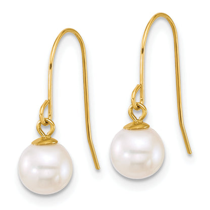 10K Yellow Gold Polished 6-7mm Round White Freshwater Culture Pearl Dangle Shepherd Hook Earrings