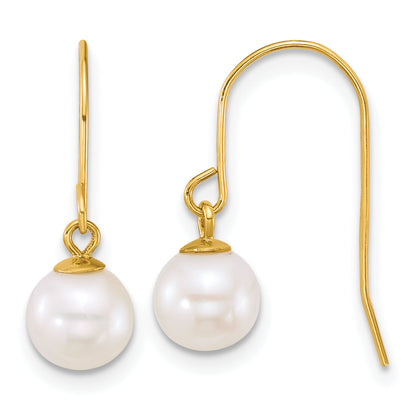 10K Yellow Gold Polished 6-7mm Round White Freshwater Culture Pearl Dangle Shepherd Hook Earrings