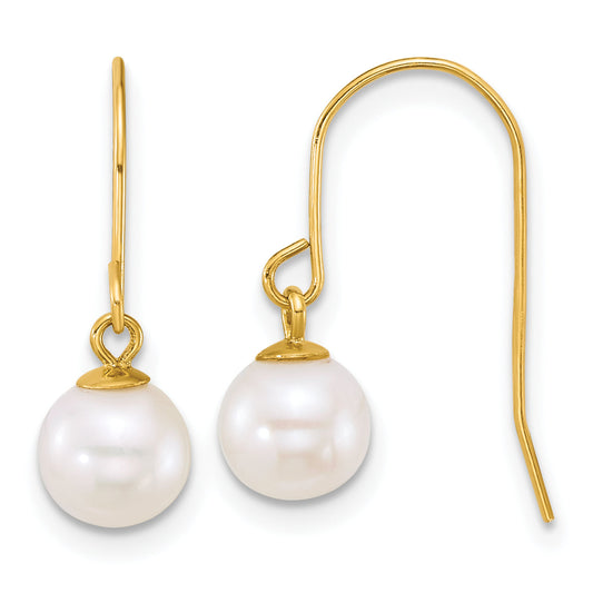 10K Yellow Gold Polished 6-7mm Round White Freshwater Culture Pearl Dangle Shepherd Hook Earrings