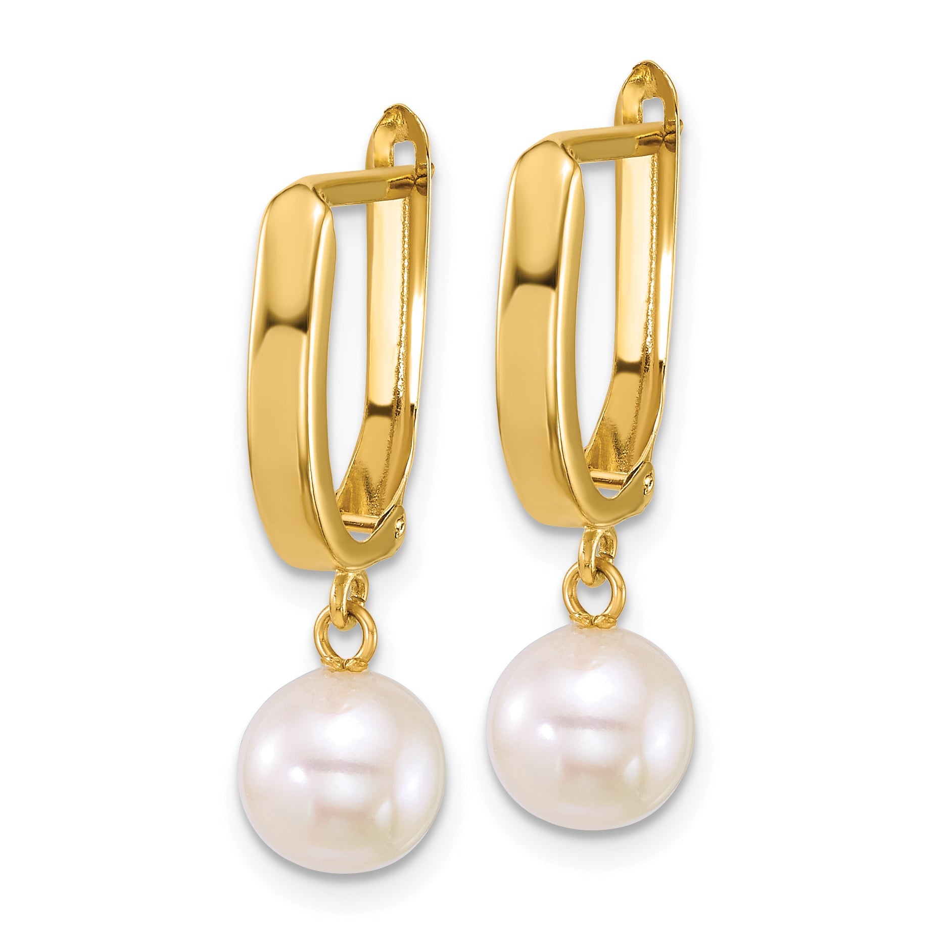 10K Yellow Gold Polished 7-8mm Round White Freshwater Cultured Pearl Dangle Leverback Earrings