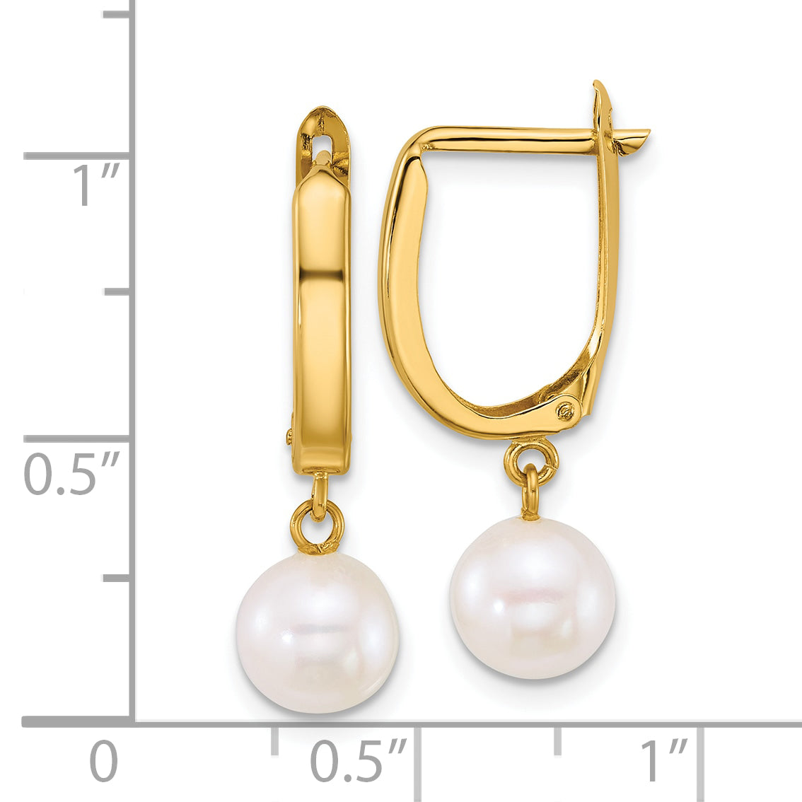 10K Yellow Gold Polished 7-8mm Round White Freshwater Cultured Pearl Dangle Leverback Earrings