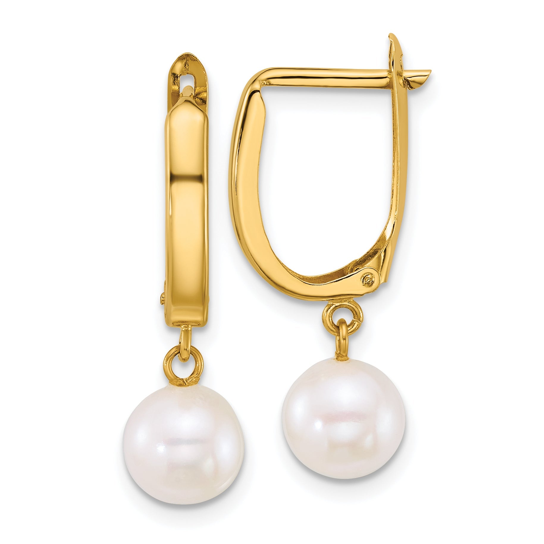 10K Yellow Gold Polished 7-8mm Round White Freshwater Cultured Pearl Dangle Leverback Earrings