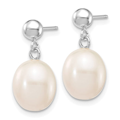 10K White Gold 8-9mm Rice Freshwater Cultured Pearl Dangle Post Earrings