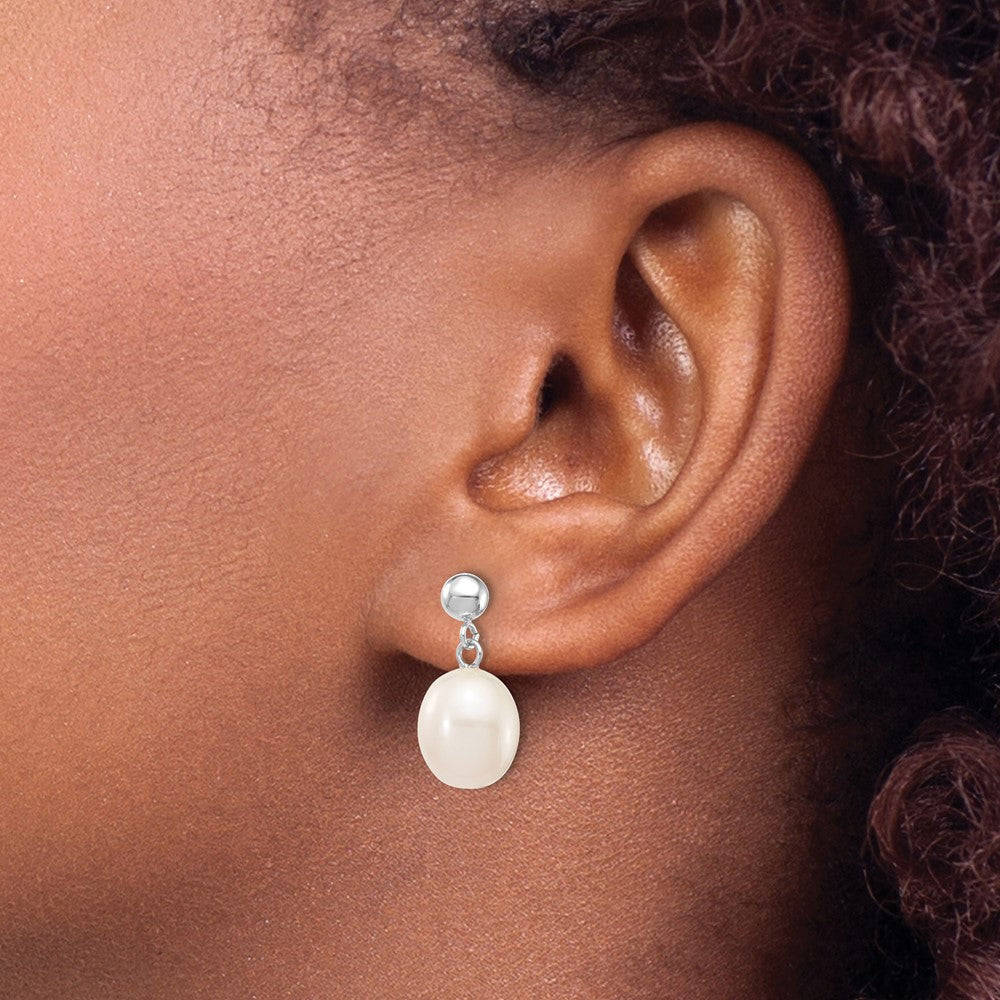 10K White Gold 8-9mm Rice Freshwater Cultured Pearl Dangle Post Earrings